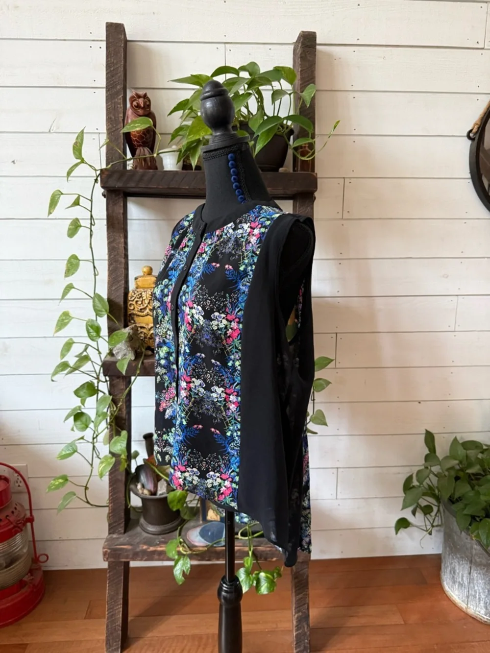 Nicole Miller: Long Black BoHo Flowy Floral Button Down Blouse
